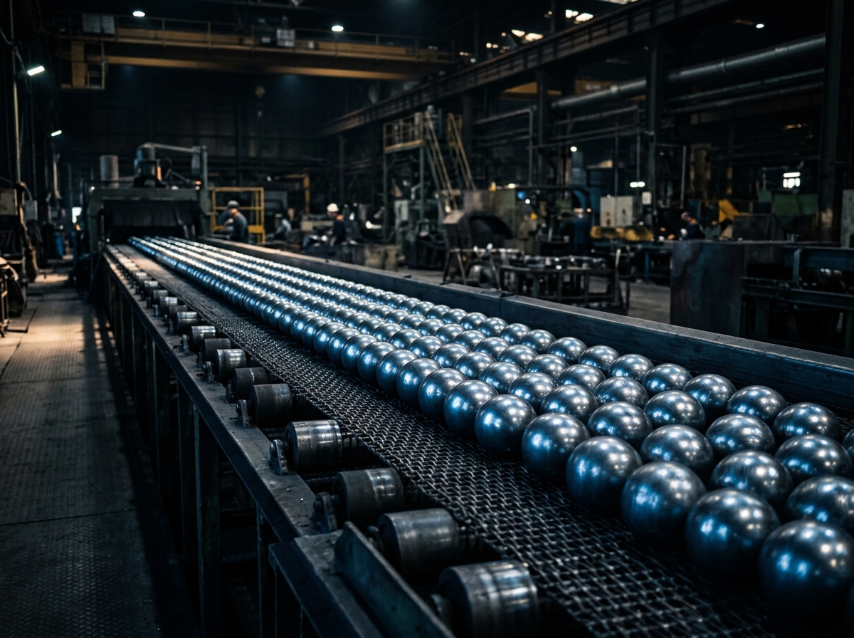 Cast chrome iron grinding balls on factory conveyor